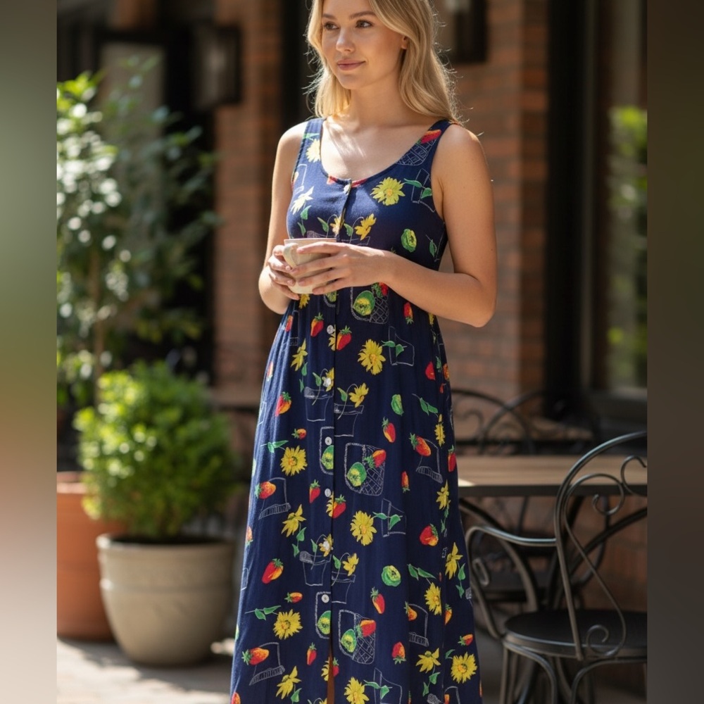 Dressing Clio VTG Button Front Fruit Midi Dress S Blue